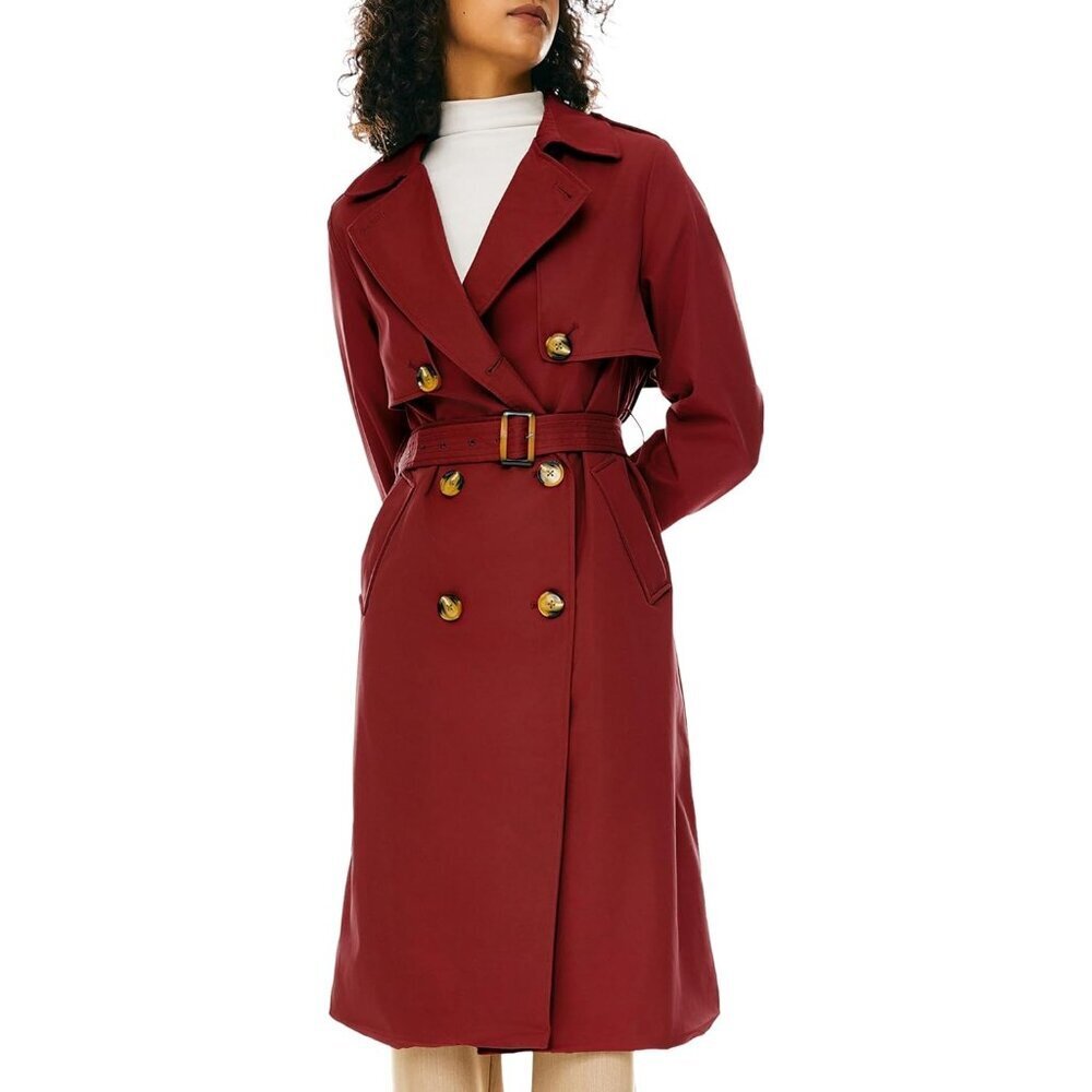 Women's Wine Red Length Double Breasted Trench Coat Lapel Jacket with Belt